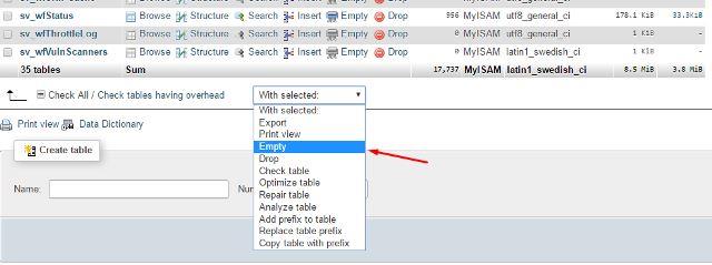 empty comments phpmyadmin