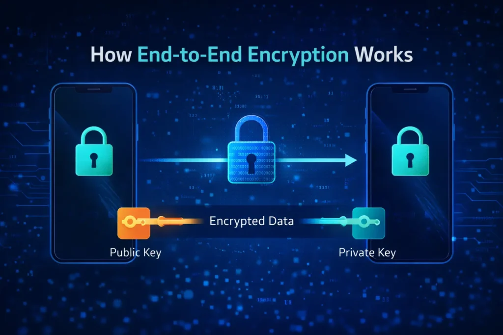 Diagram showing how end-to-end encryption works between two phones with public and private keys