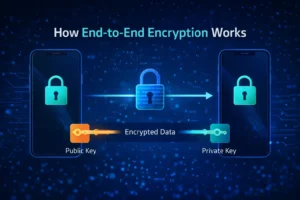 Diagram showing how end-to-end encryption works between two phones with public and private keys
