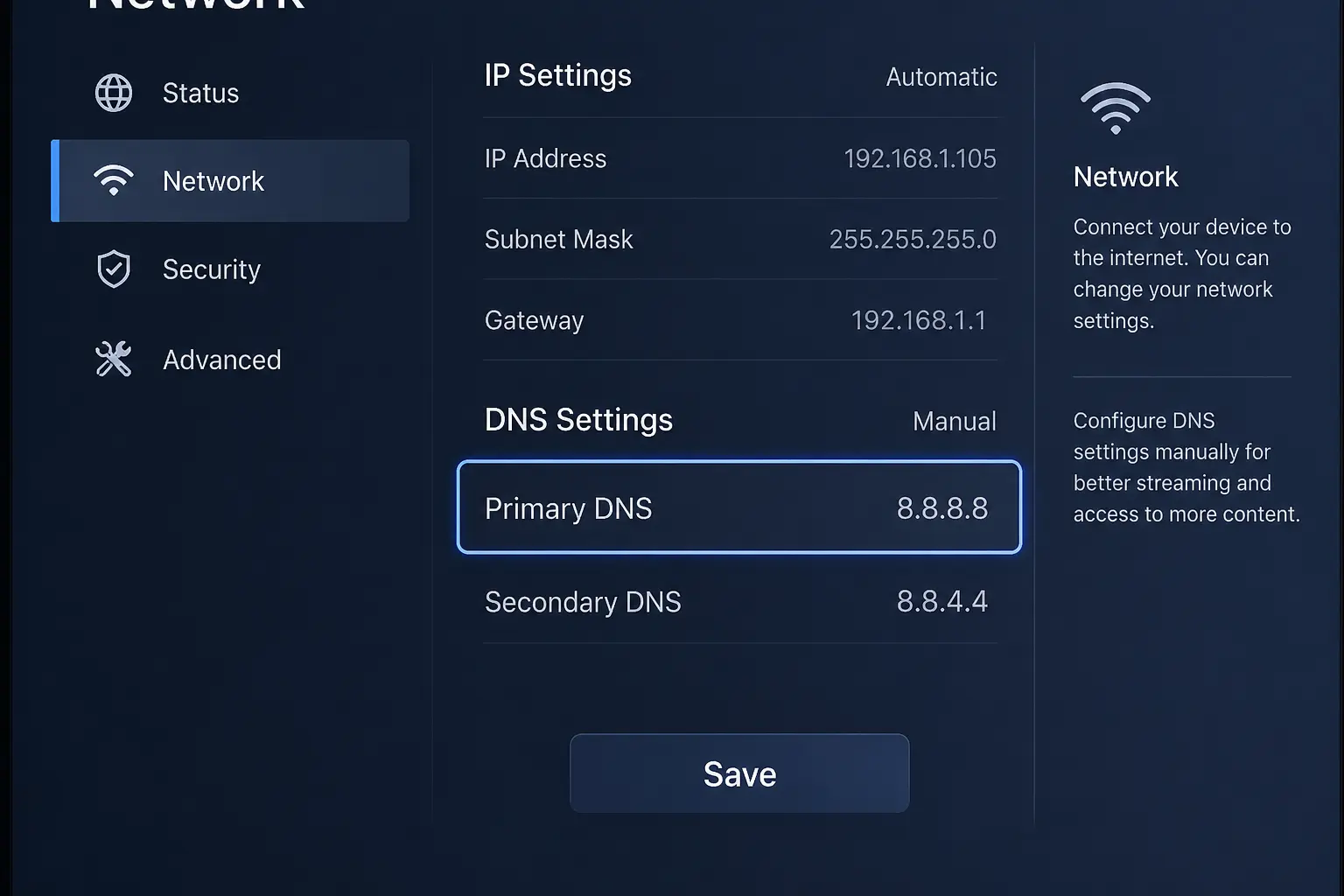 Example of changing DNS settings on a smart TV or router