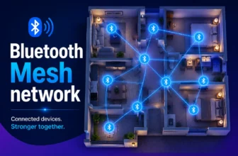 Illustration of a Bluetooth Mesh network connecting devices across a building floor plan
