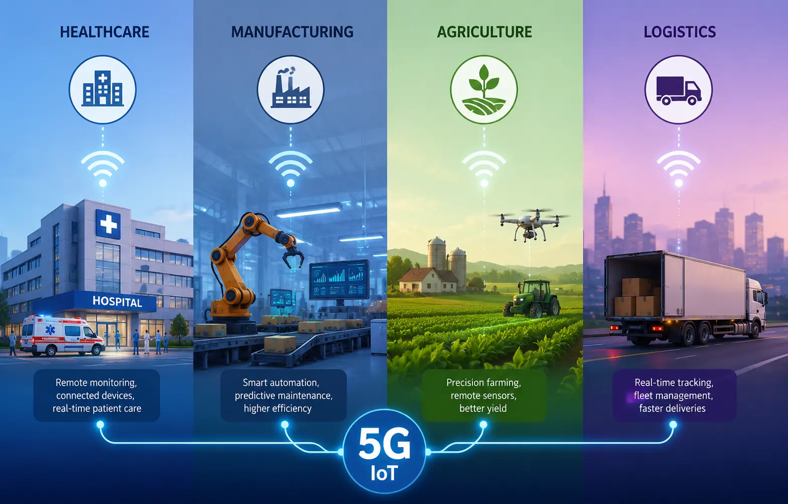 Industries using 5G-powered IoT: healthcare, manufacturing, agriculture, and logistics